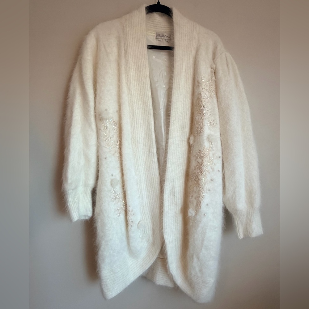 Vintage Belldini Embellished Angora Rabbit Blend Cardigan Sweater L Large Ivory